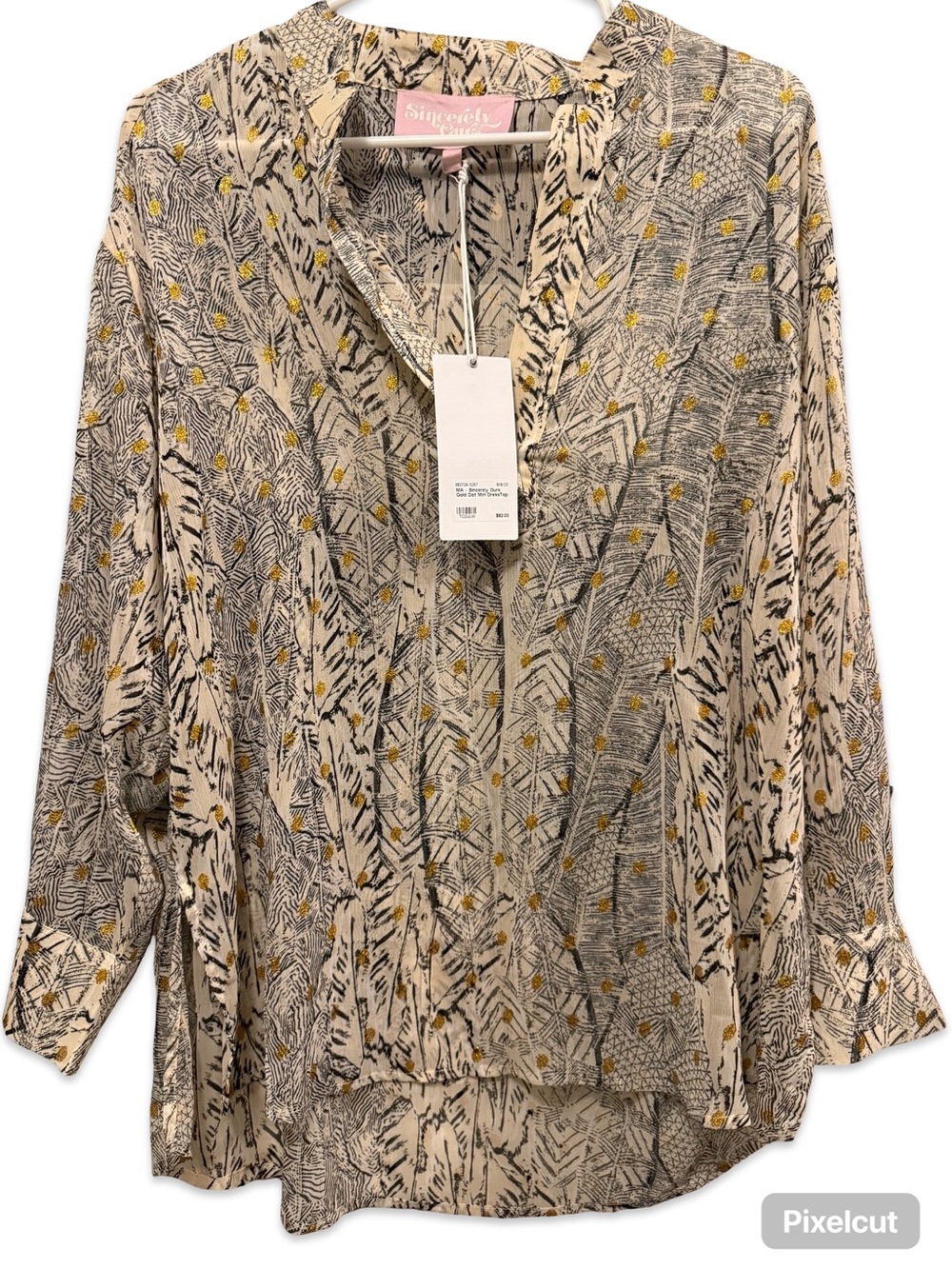 Cream/Black Patterned V-Neck Long Sleeve Blouse with GoldAccents